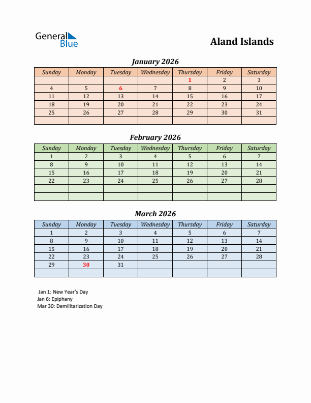 Q1 2026 Holiday Calendar - Aland Islands