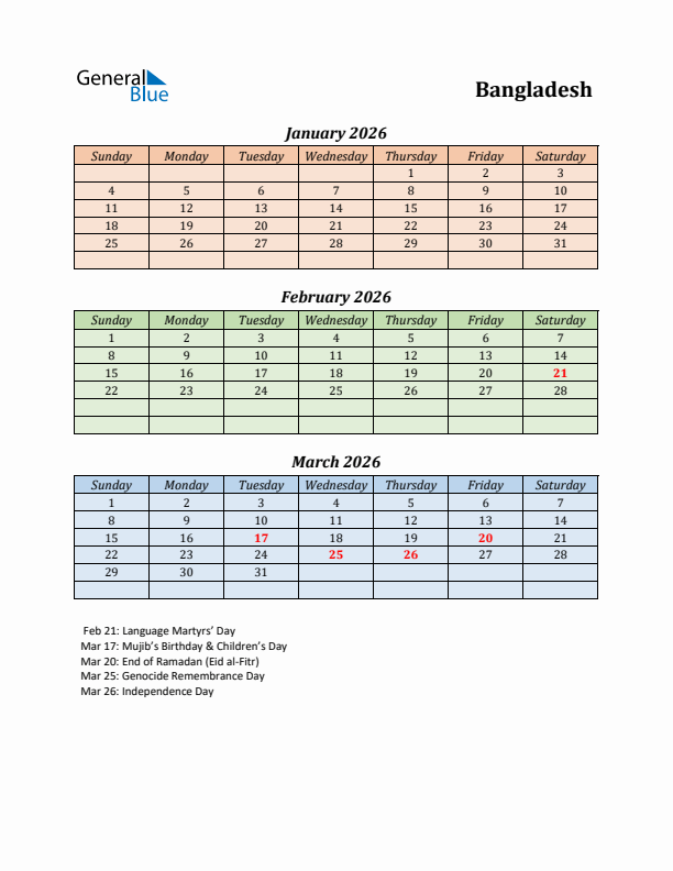 Q1 2026 Holiday Calendar - Bangladesh