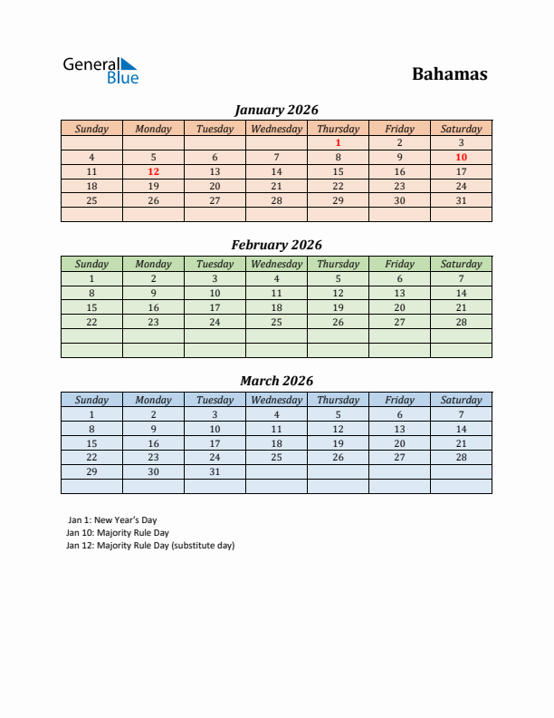 Q1 2026 Holiday Calendar - Bahamas