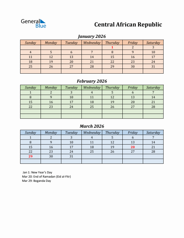 Q1 2026 Holiday Calendar - Central African Republic