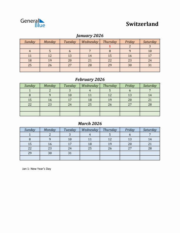 Q1 2026 Holiday Calendar - Switzerland