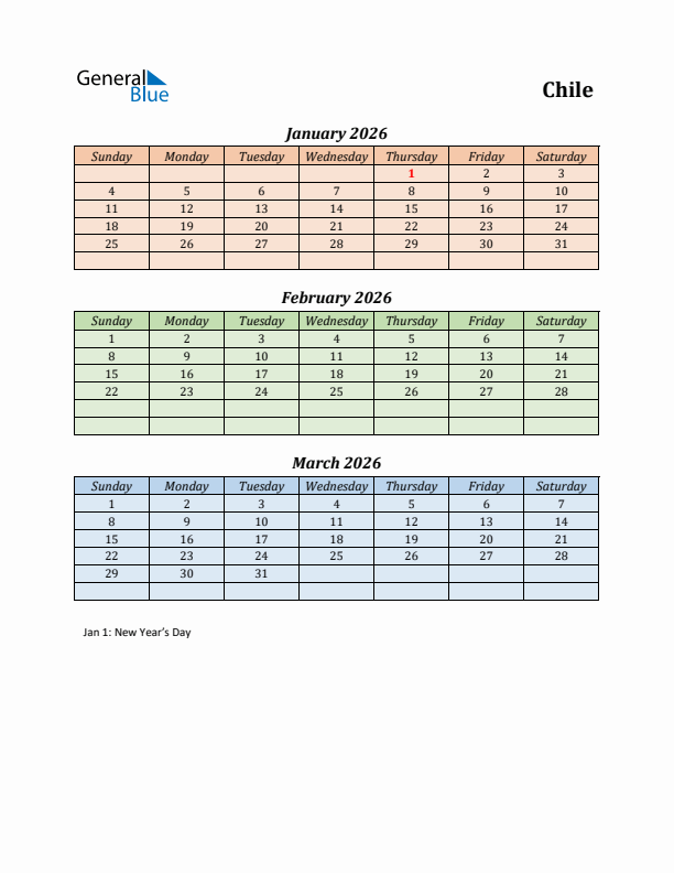 Q1 2026 Holiday Calendar - Chile