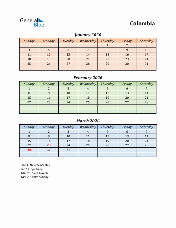 Q1 2026 Holiday Calendar - Colombia