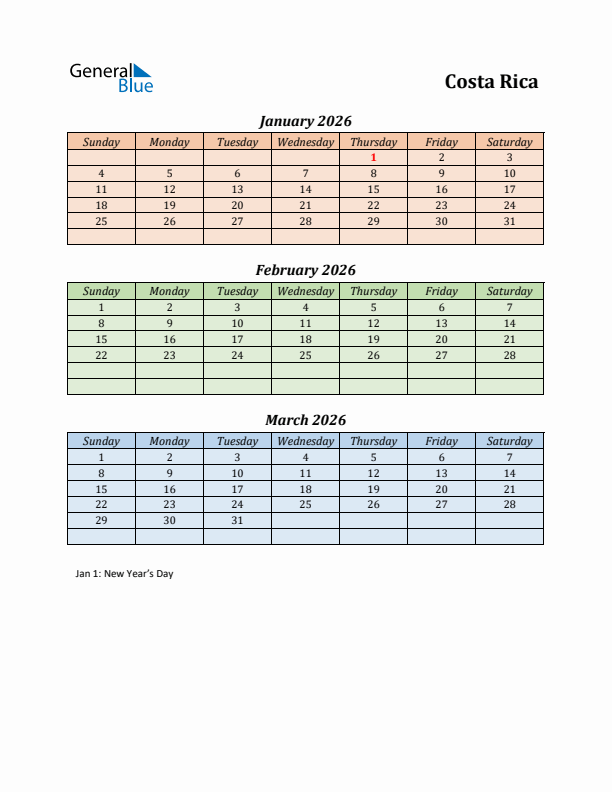 Q1 2026 Holiday Calendar - Costa Rica