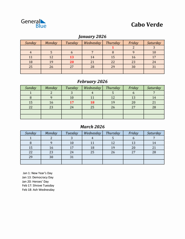 Q1 2026 Holiday Calendar - Cabo Verde