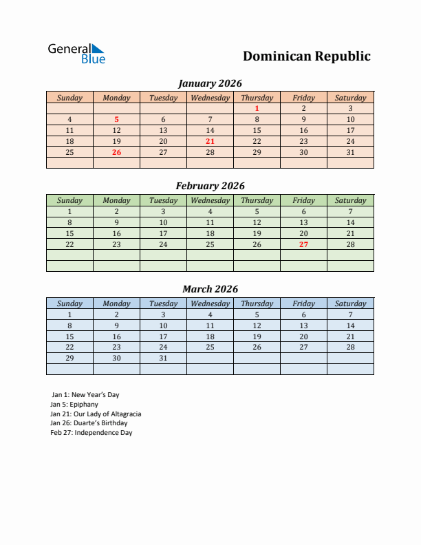 Q1 2026 Holiday Calendar - Dominican Republic