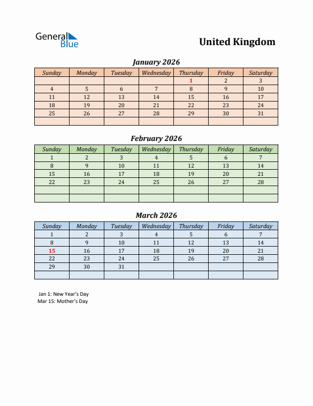 Q1 2026 Holiday Calendar - United Kingdom