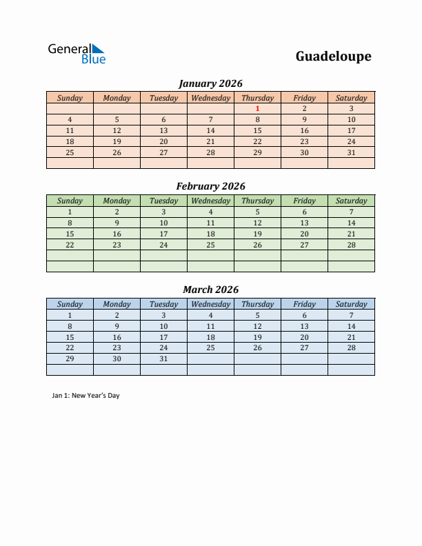 Q1 2026 Holiday Calendar - Guadeloupe