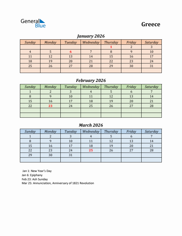 Q1 2026 Holiday Calendar - Greece