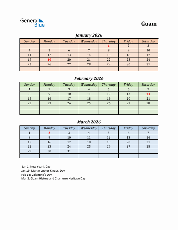 Q1 2026 Holiday Calendar - Guam