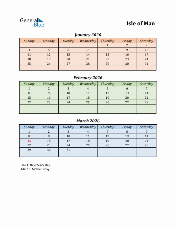 Q1 2026 Holiday Calendar - Isle of Man