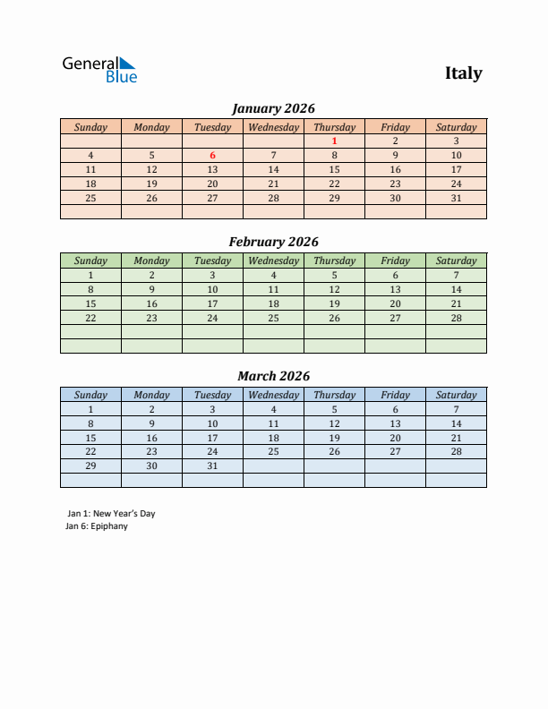 Q1 2026 Holiday Calendar - Italy