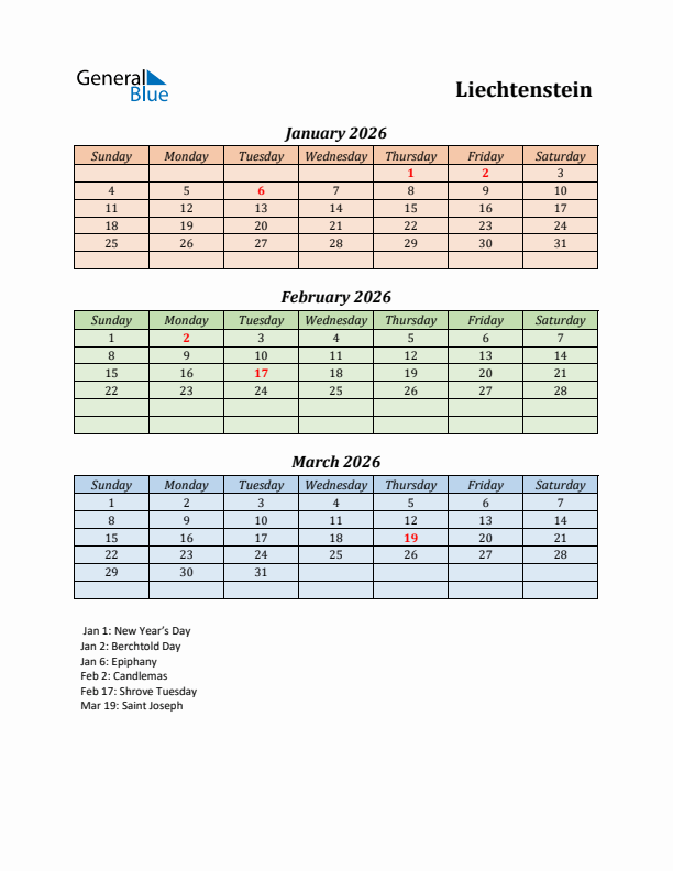 Q1 2026 Holiday Calendar - Liechtenstein