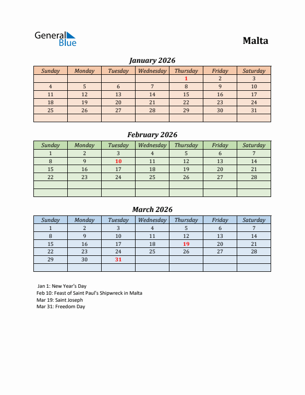 Q1 2026 Holiday Calendar - Malta