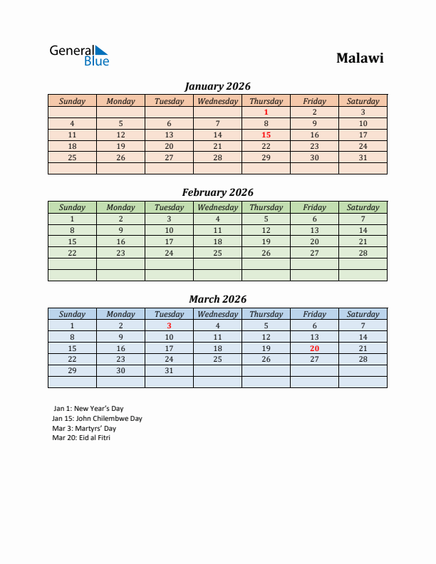 Q1 2026 Holiday Calendar - Malawi