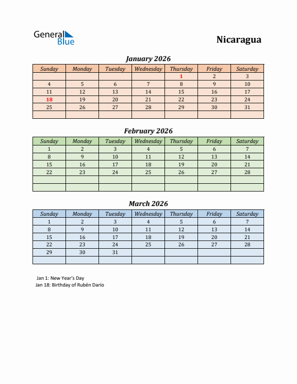 Q1 2026 Holiday Calendar - Nicaragua