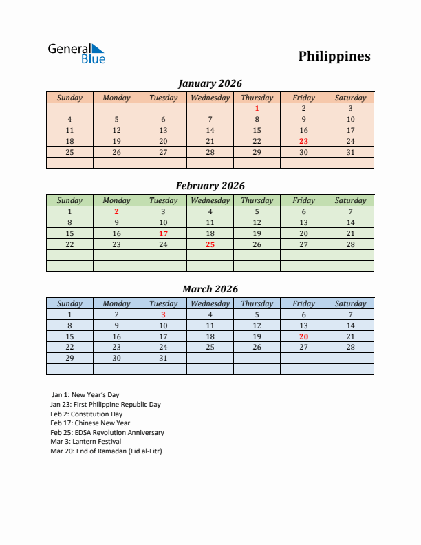 Q1 2026 Holiday Calendar - Philippines