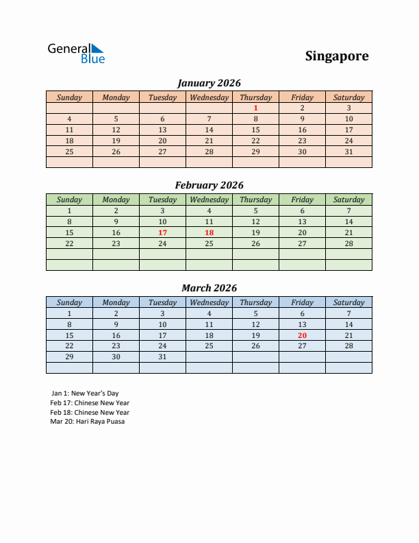 Q1 2026 Holiday Calendar - Singapore