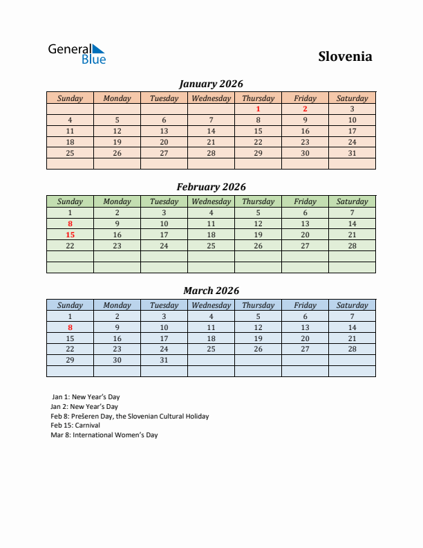 Q1 2026 Holiday Calendar - Slovenia