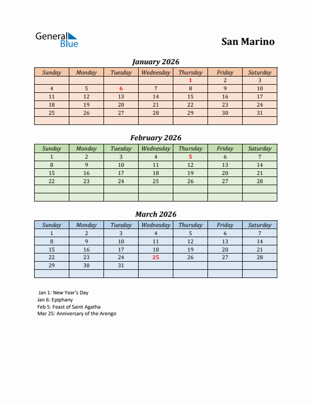 Q1 2026 Holiday Calendar - San Marino