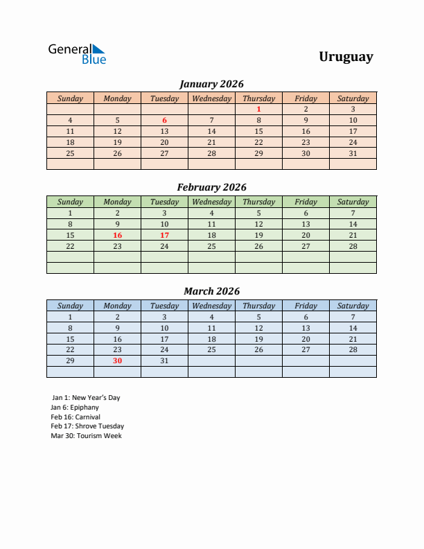 Q1 2026 Holiday Calendar - Uruguay