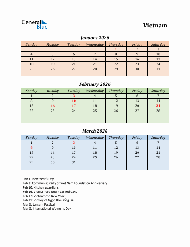 Q1 2026 Holiday Calendar - Vietnam