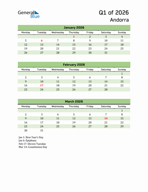 Quarterly Calendar 2026 with Andorra Holidays