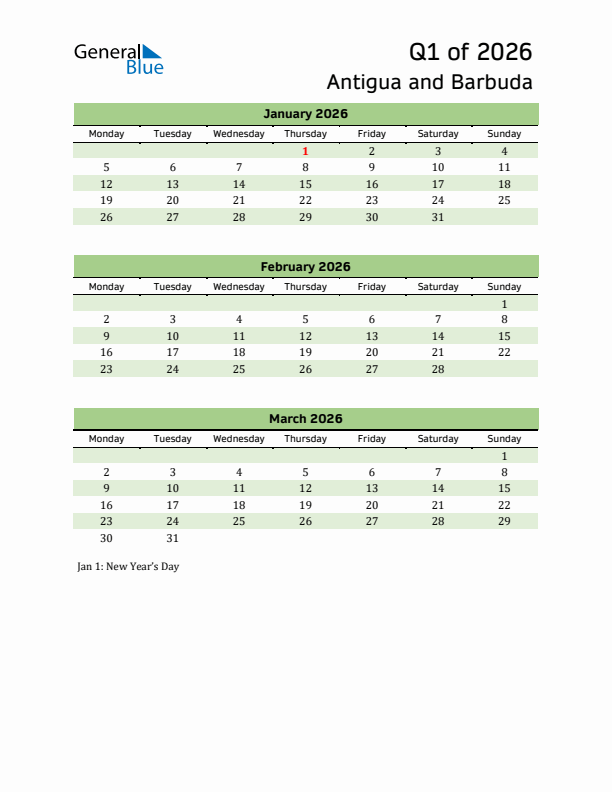 Quarterly Calendar 2026 with Antigua and Barbuda Holidays