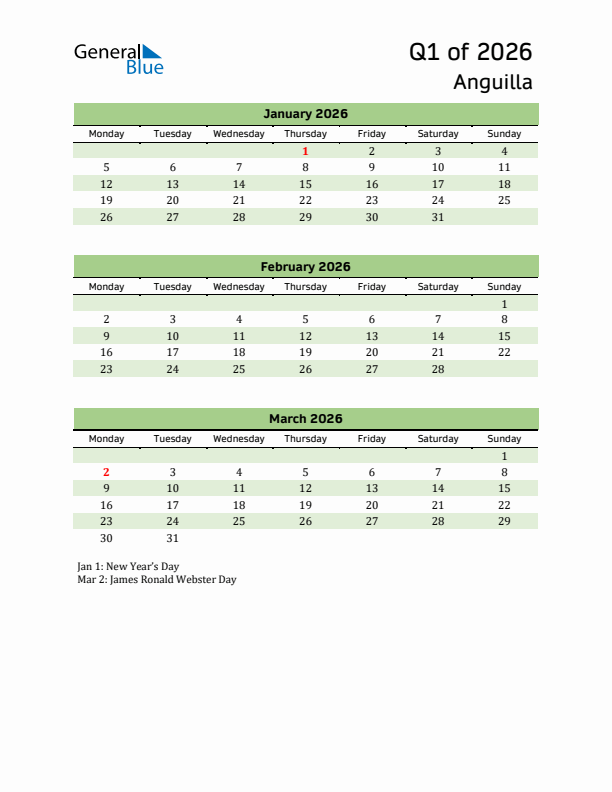 Quarterly Calendar 2026 with Anguilla Holidays