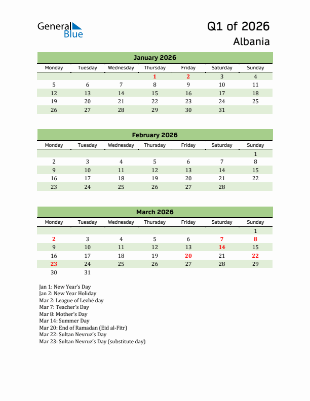 Quarterly Calendar 2026 with Albania Holidays