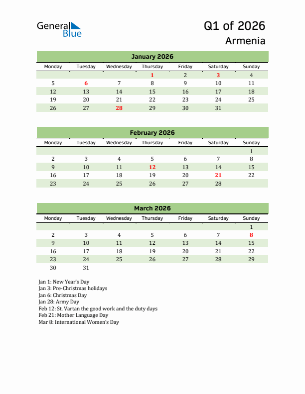 Quarterly Calendar 2026 with Armenia Holidays