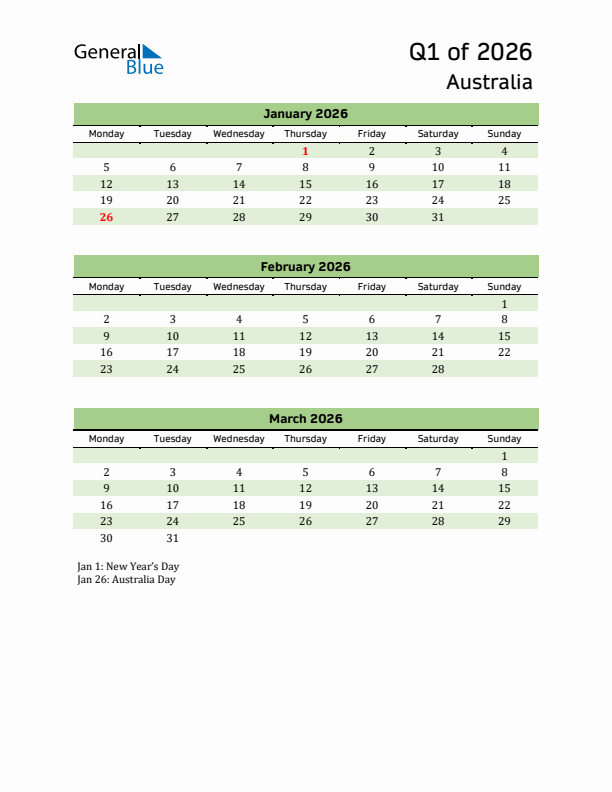 Quarterly Calendar 2026 with Australia Holidays