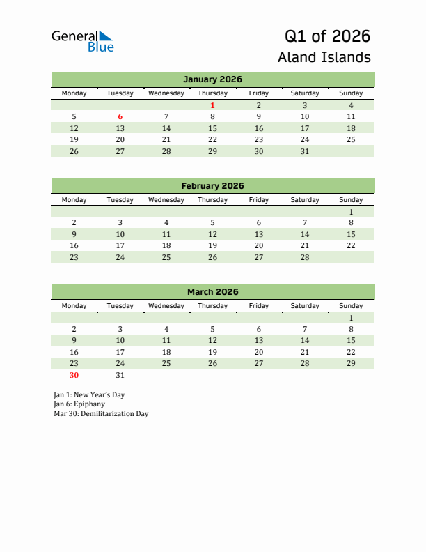 Quarterly Calendar 2026 with Aland Islands Holidays