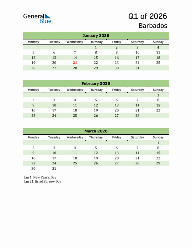 Quarterly Calendar 2026 with Barbados Holidays