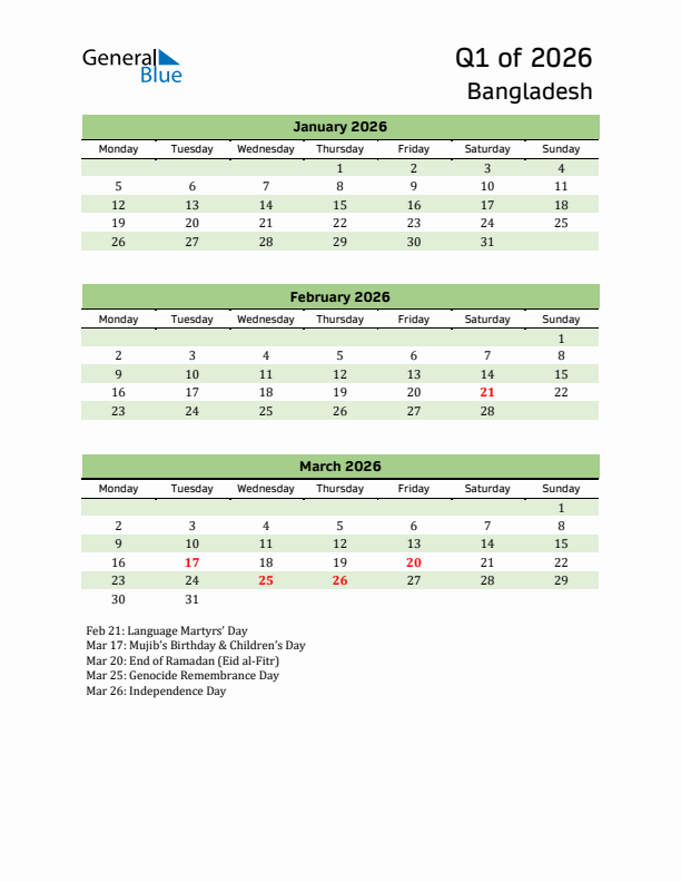 Quarterly Calendar 2026 with Bangladesh Holidays