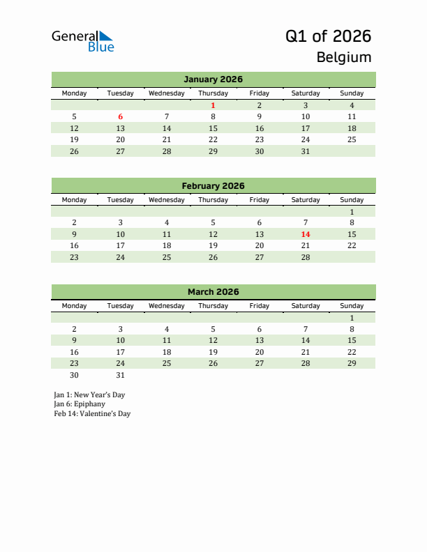 Quarterly Calendar 2026 with Belgium Holidays