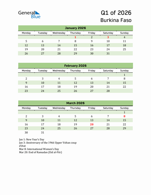 Quarterly Calendar 2026 with Burkina Faso Holidays