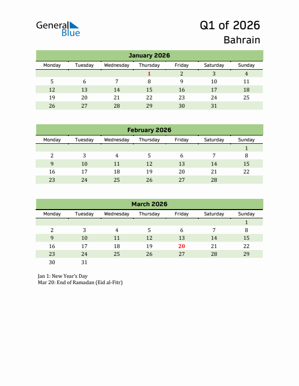 Quarterly Calendar 2026 with Bahrain Holidays