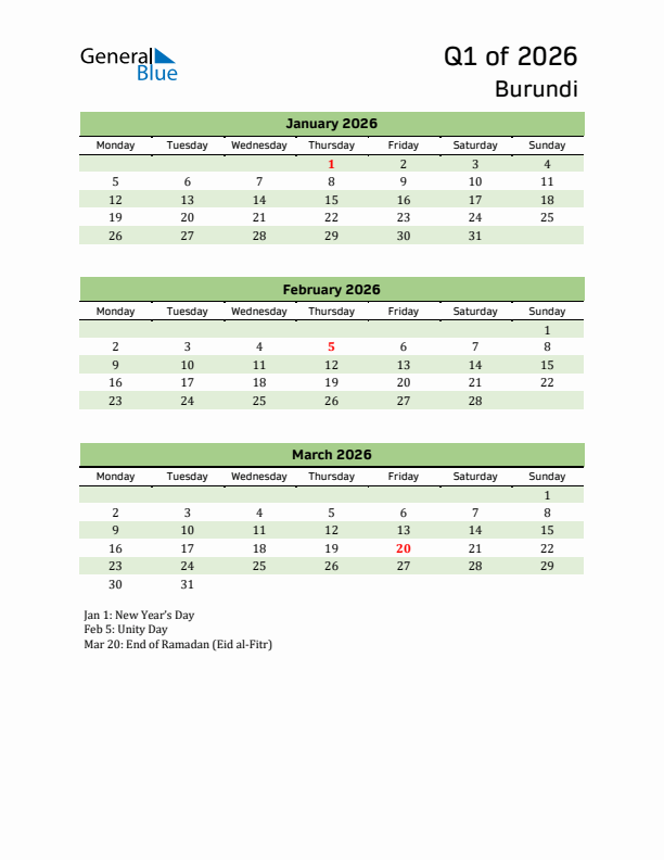 Quarterly Calendar 2026 with Burundi Holidays