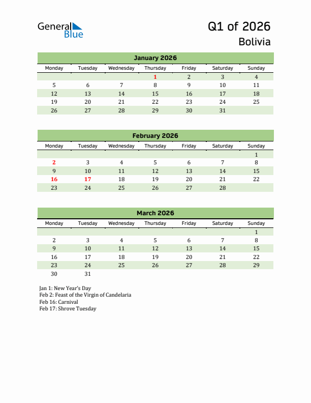 Quarterly Calendar 2026 with Bolivia Holidays