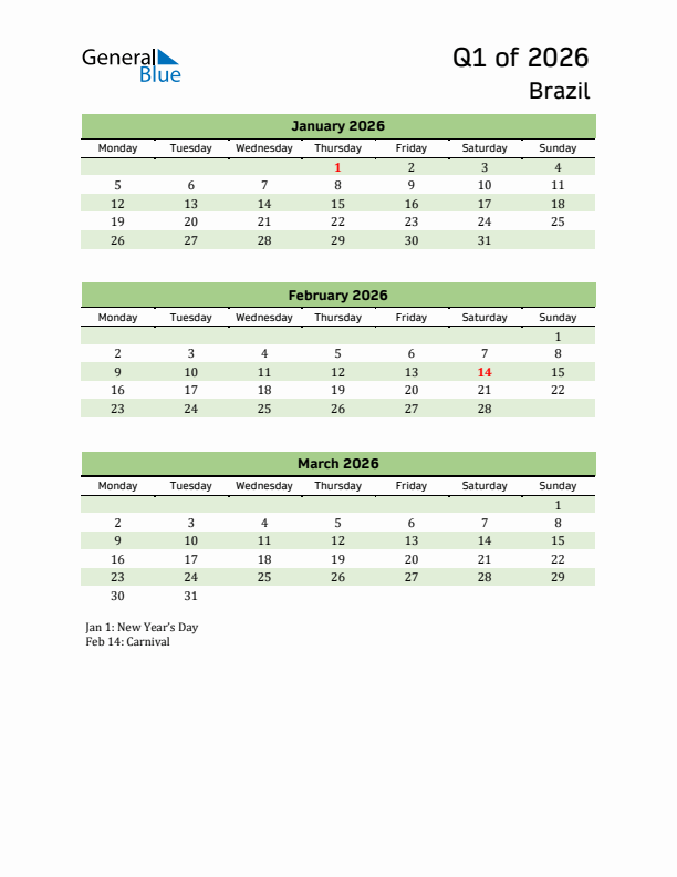 Quarterly Calendar 2026 with Brazil Holidays