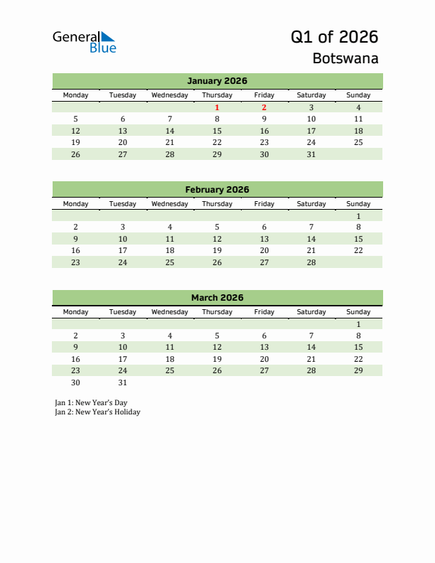 Quarterly Calendar 2026 with Botswana Holidays