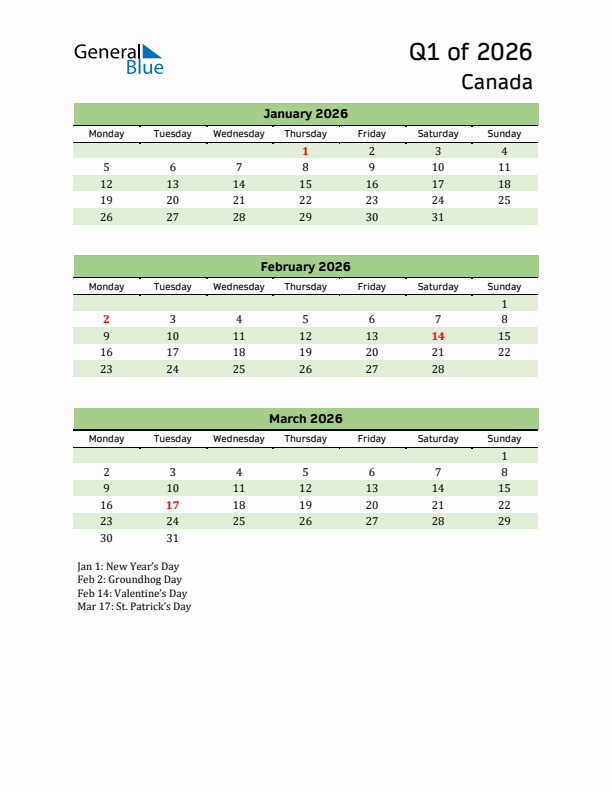 Quarterly Calendar 2026 with Canada Holidays