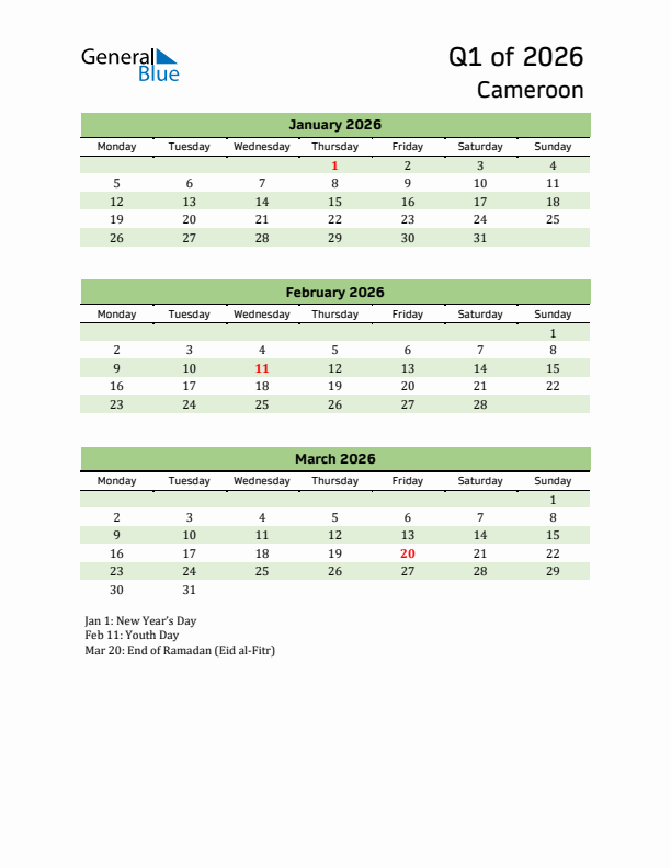 Quarterly Calendar 2026 with Cameroon Holidays