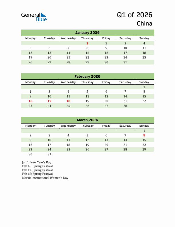 Quarterly Calendar 2026 with China Holidays