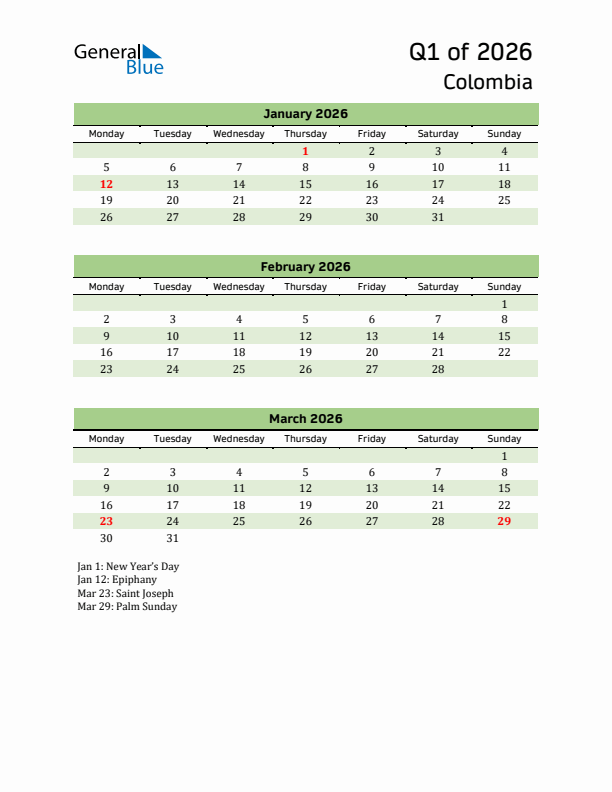 Quarterly Calendar 2026 with Colombia Holidays