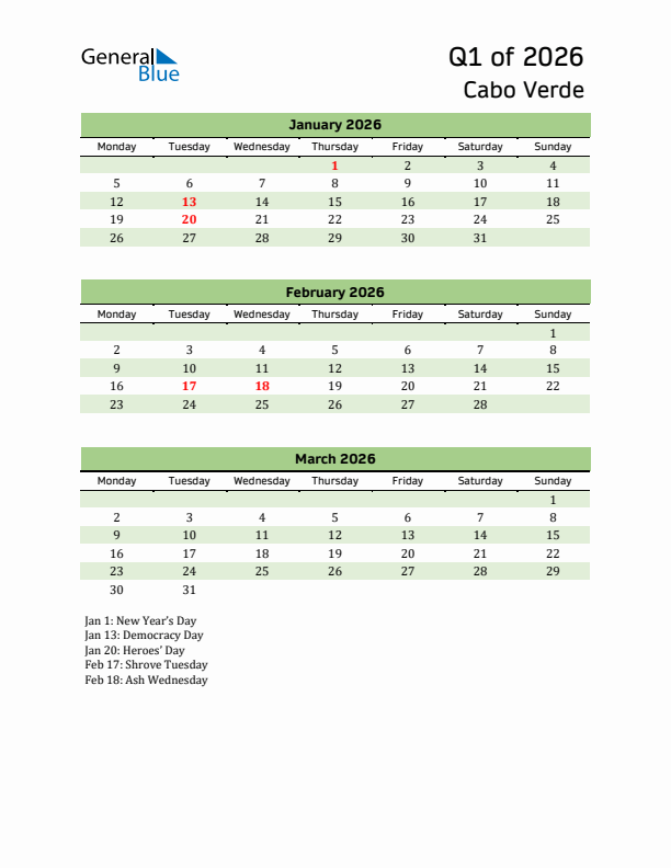 Quarterly Calendar 2026 with Cabo Verde Holidays