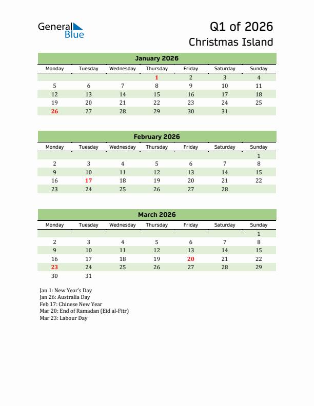 Quarterly Calendar 2026 with Christmas Island Holidays