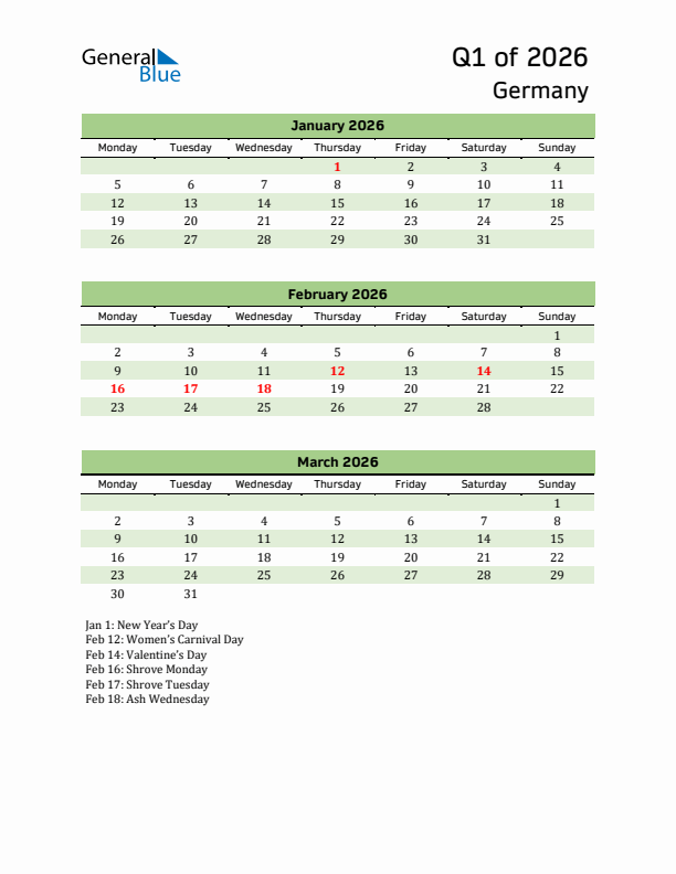 Quarterly Calendar 2026 with Germany Holidays