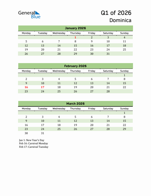 Quarterly Calendar 2026 with Dominica Holidays